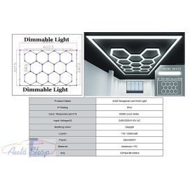   Hexagon méhsejt mennyezeti lámparendszer, 4,02 x 2,91 m, szabályozható fényerővel , Műhely Világítás Rendszer